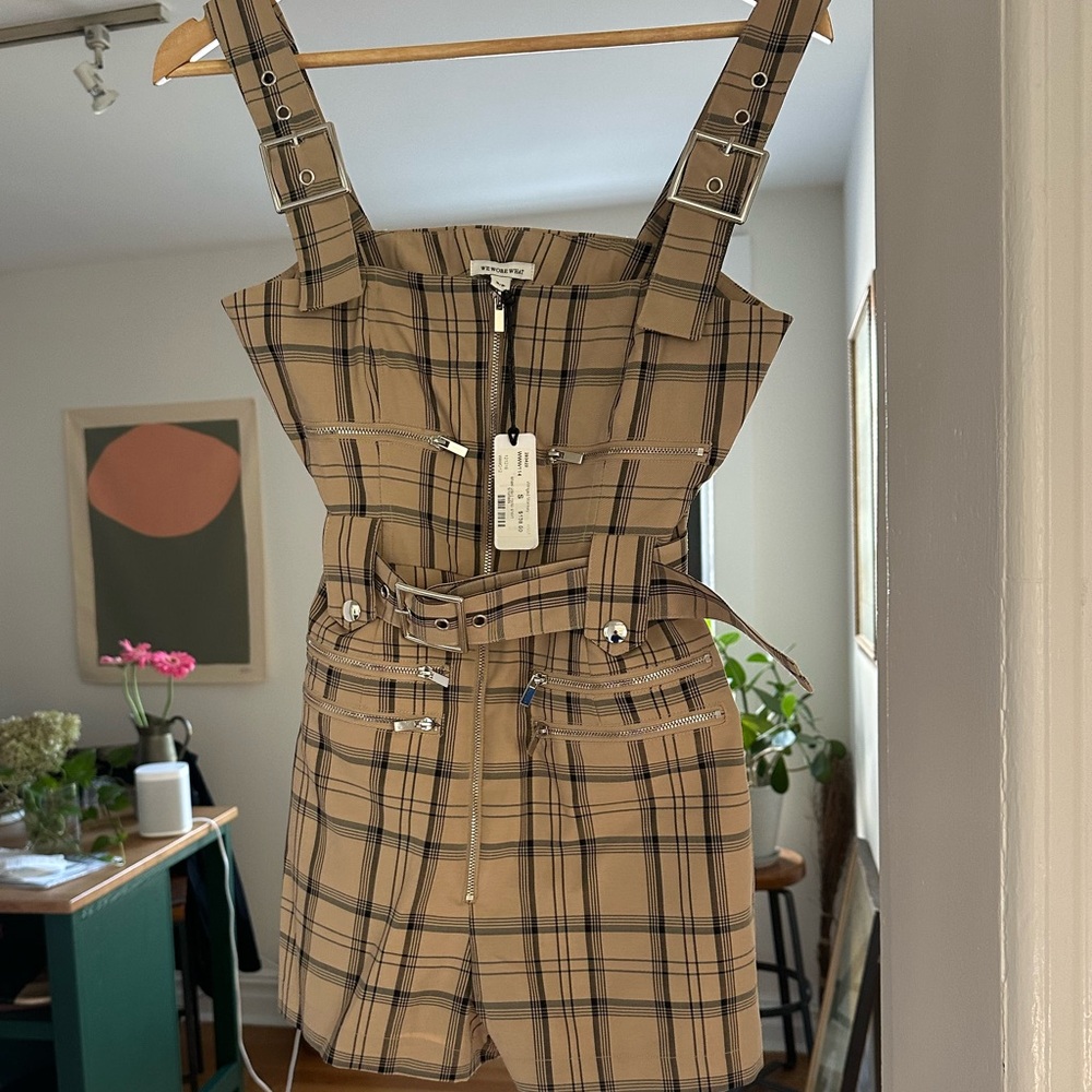 WeWoreWhat NWT Tan Plaid Zip-Up Romper